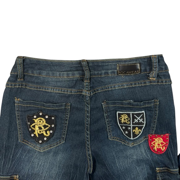 Rocawear 1999 Jean Skinny Cargo MidRise Size 7 Stretch Denim Hip Hop 90s‎ Logo - Picture 2 of 7